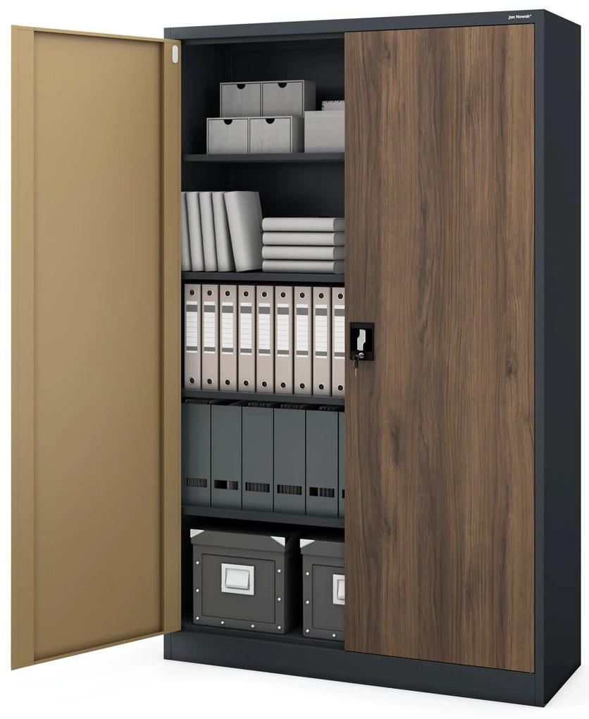Kovová kancelárska skriňa na dokumenty, široká, antracit/orech, 1150x1850x400 mm: JAN II Eco Design
