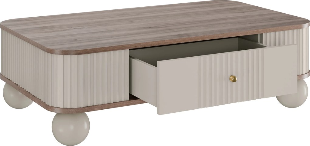Kávový stolík Vesper 103x60 cm so zásuvkou - kasmír / orech / zlaté úchyty / guľové nohy