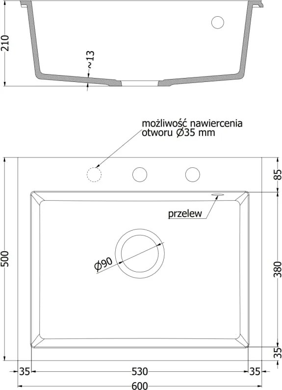 Mexen Elix granitový drez 1-komorový 600 x 500 mm, čierny, sifón chróm - 6525601005-77