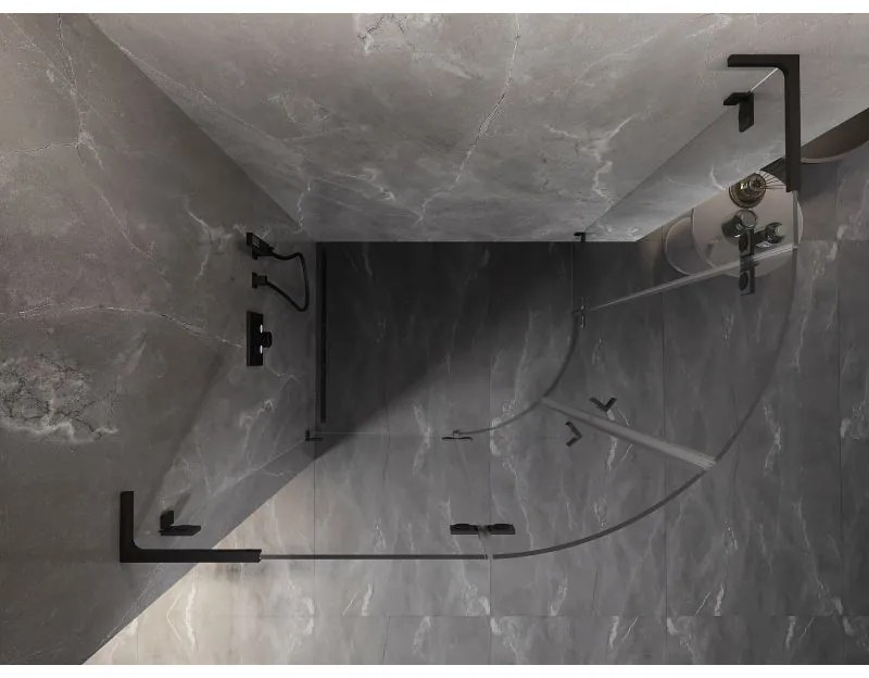 Mexen Lunar, L polkruhový sprchový kút naklápací doľava 90 x 70 cm, 8mm číre sklo, čierny profil, 833L-090L-070P-70-00