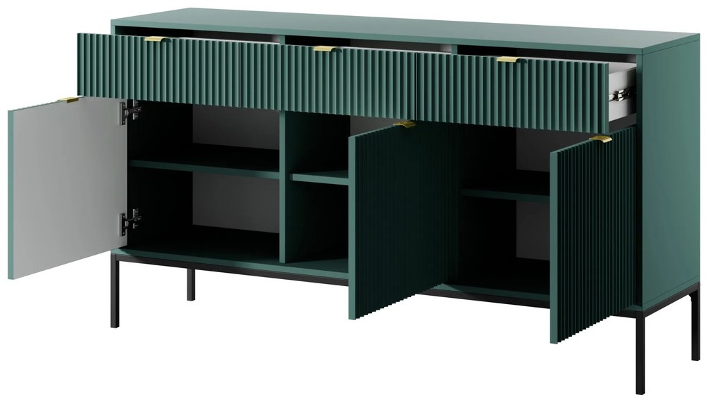 Komoda Nova 154 cm zelená/zlaté úchyty a čierny rám