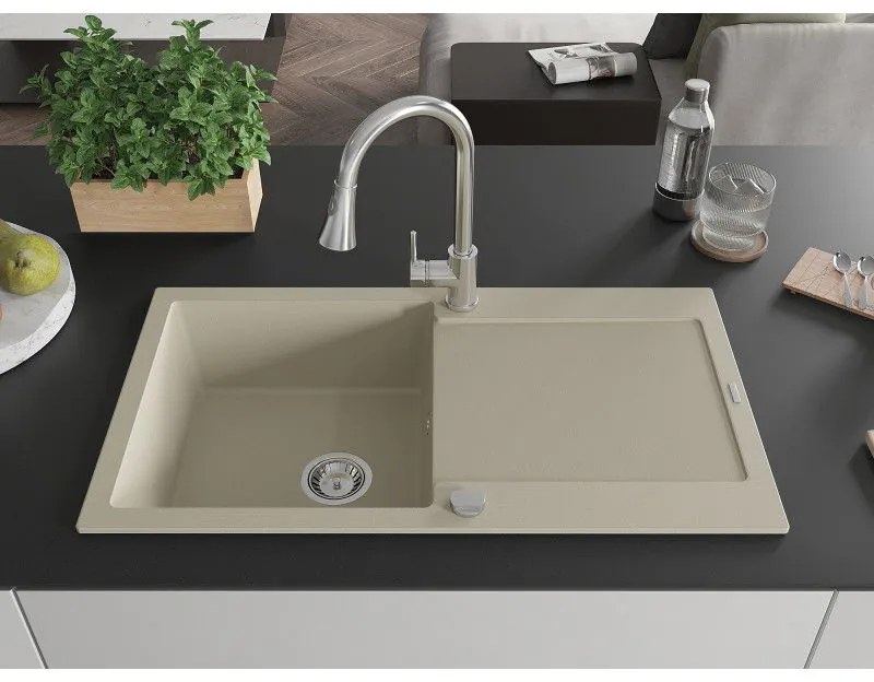 Mexen Leo, 1-komorový granitový drez 900x500x190 mm a drezová batéria Elia, béžová, 6501-69-670101-00