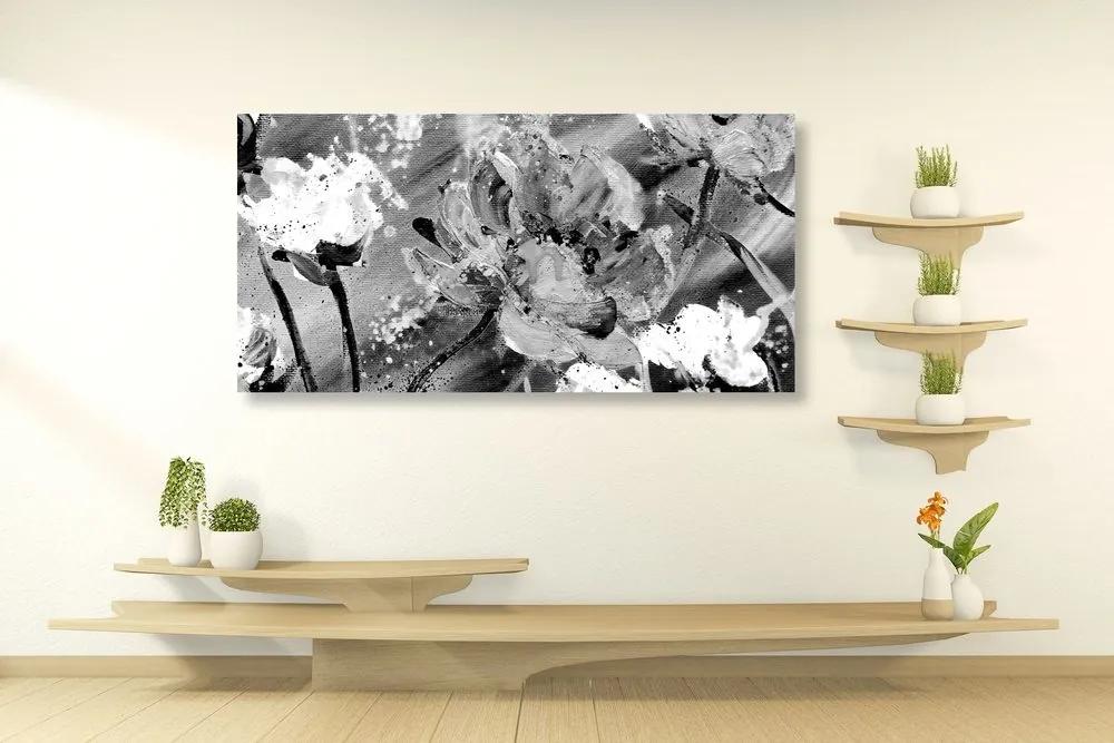 Obraz maľba kvetov v čiernobielom prevedení - 100x50