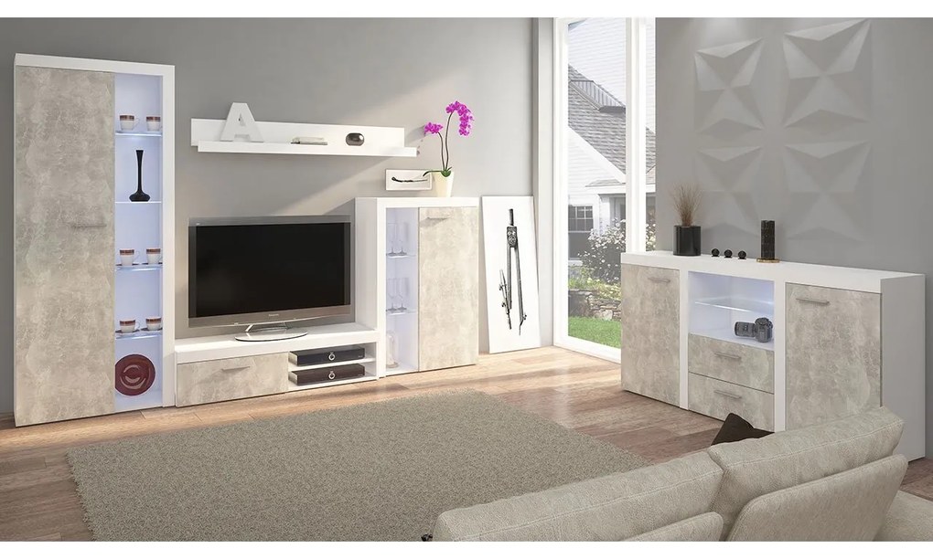 Obývacia stena Rodos s komodou, Farby: béžová piesková, Osvetlenie: bez osvetlenia