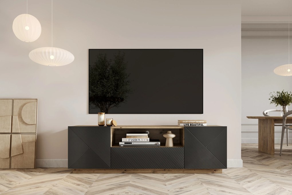 TV stolík Asha 167 cm s otvorenou policou - artisan / rivier stone mat