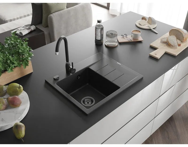 Mexen Ben, 1-komorový granitový drez 600x500x190 mm, ľavý + čierny sifón, čierna-strieborná metalíza, 6522605000-73-B