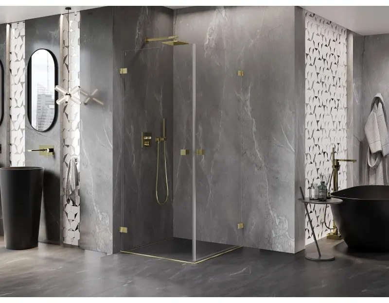 Mexen Lunar-B Duo, výklopný sprchový kút 90 x 90 cm, 8mm číre sklo, zlatý matný profil, 832-090L-090P-55-00