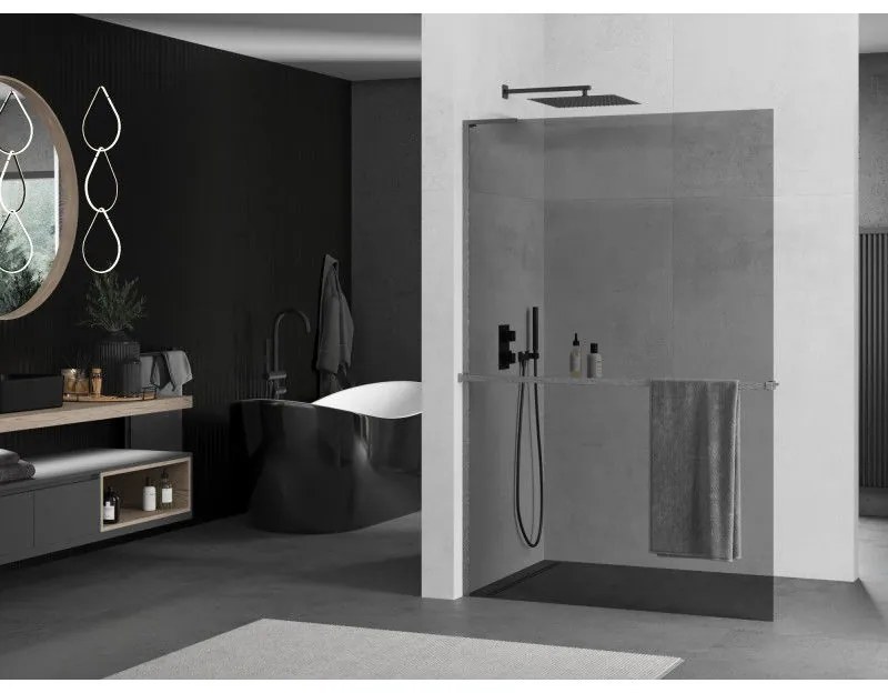 Mexen Kioto+ L, sprchová zástena Walk-In s poličkou a vešiakom 110 x 200 cm, 8mm šedé sklo, grafitový profil, 800-110-123-66-40