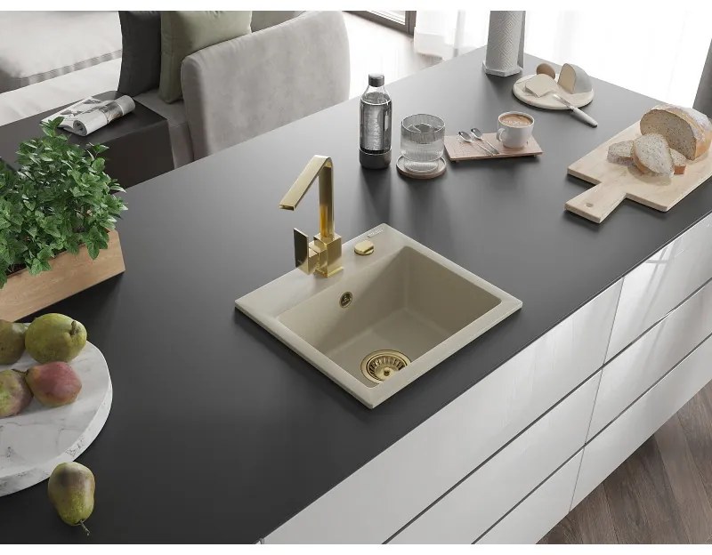 Mexen Milo, 1-komorový granitový drez 435x410x171 mm a zlatá batéria Rita, béžová, 6505-69-670300-50