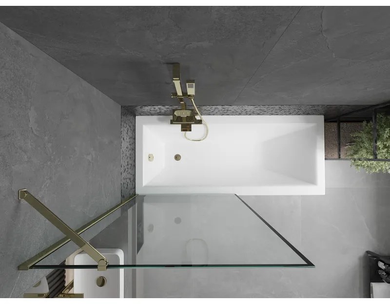 Mexen Next, vaňová zástena 1-krídlová 90 x 150 cm, fixné krídlo, 6 mm číre sklo s čiernym vzorom, zlatý profil, 895-090-000-00-70-50