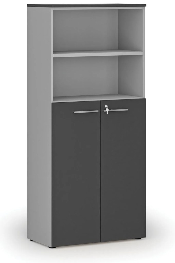 Kombinovaná kancelárska skriňa PRIMO GRAY, dvere na 3 poschodia, 800 x 420 x 1781 mm, sivá/grafit