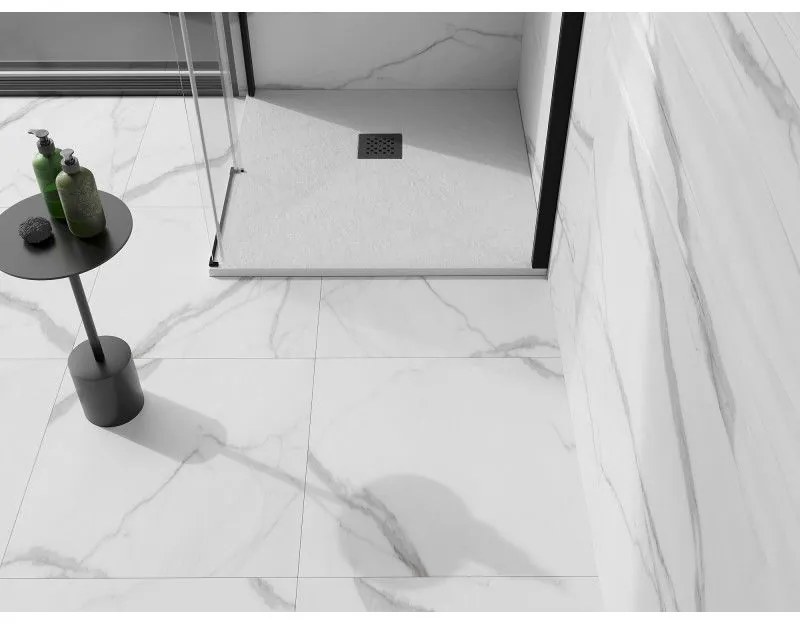 Mexen Stone+, štvorcová vanička z minerálneho kompozitu 80 x 80 cm, biela, čierna krytka, 44108080-B