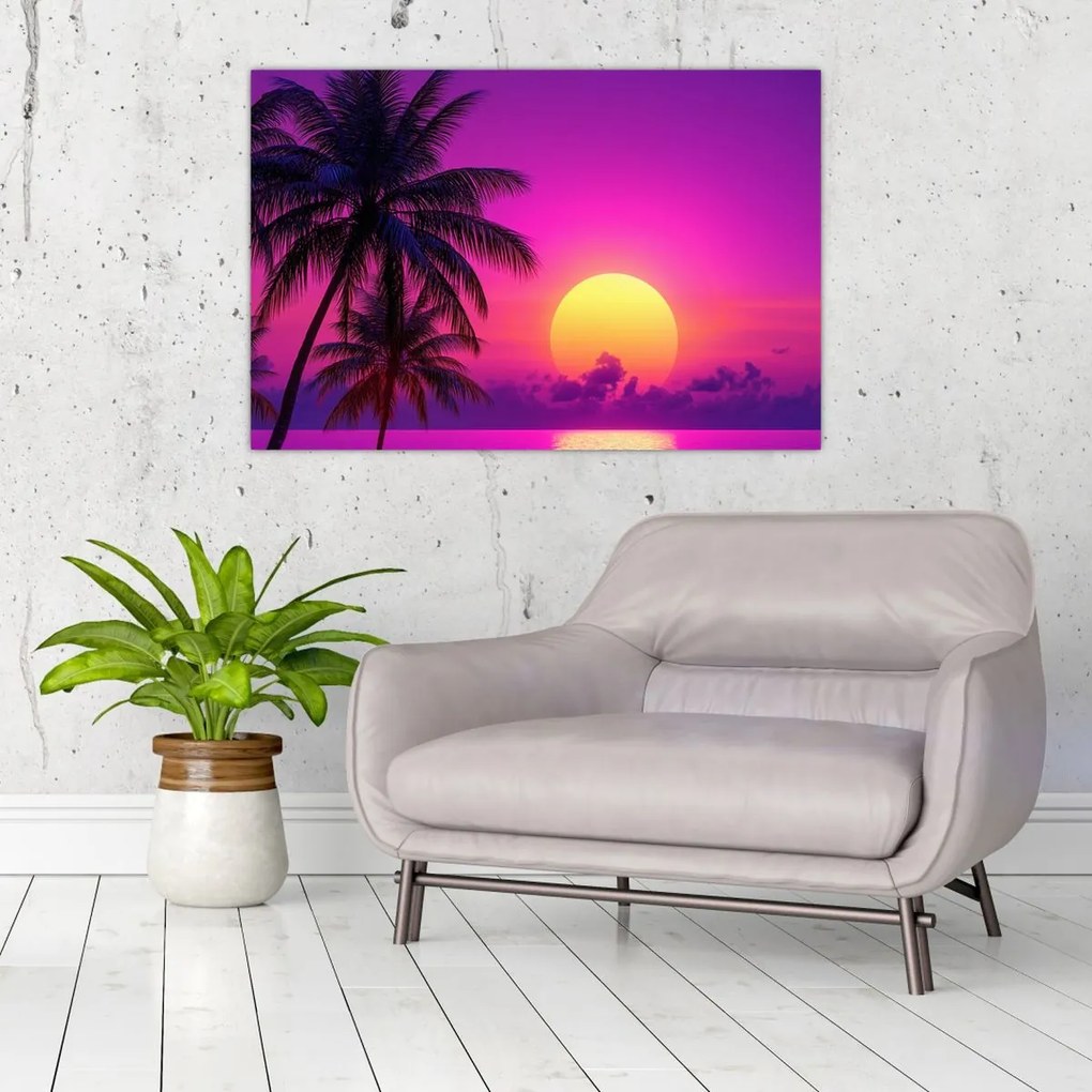 Obraz - Fialový západ s palmou (90x60 cm)