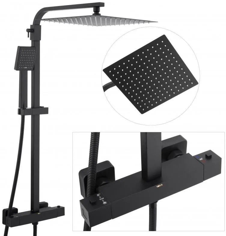 Erga Goba, sprchová súprava s termostatickou batériou a dažďovou hlavicou 30x30 cm, čierna matná, ERG-YKA-BP.GOBA-THERM-30-BLK