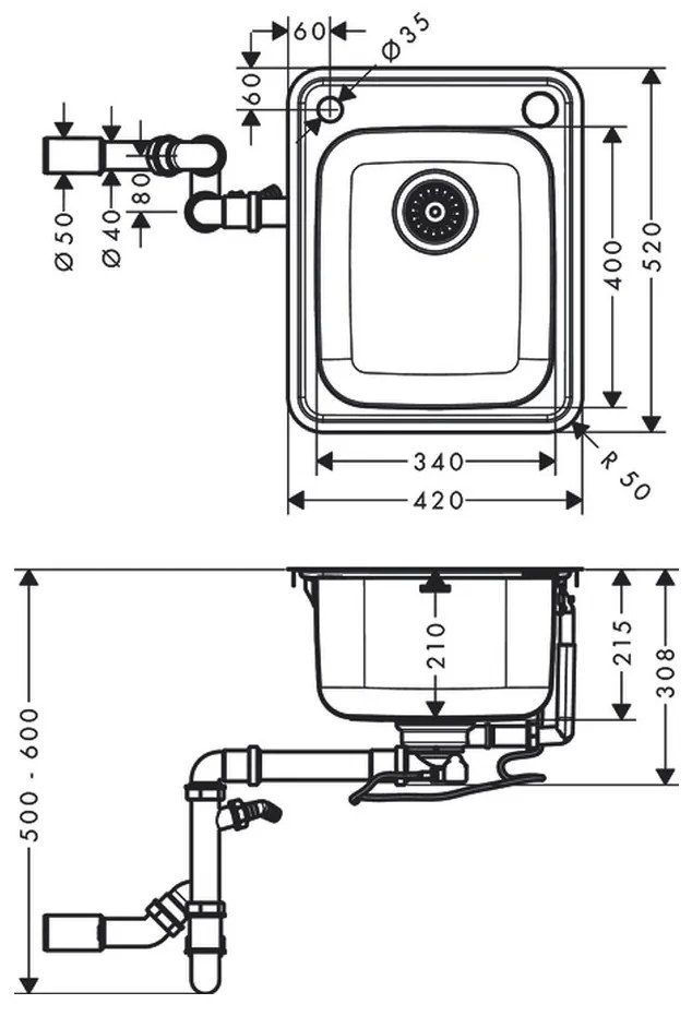 Hansgrohe S41 - S412-F340 Vstavaný drez 340/400, nerezová oceľ 43334800