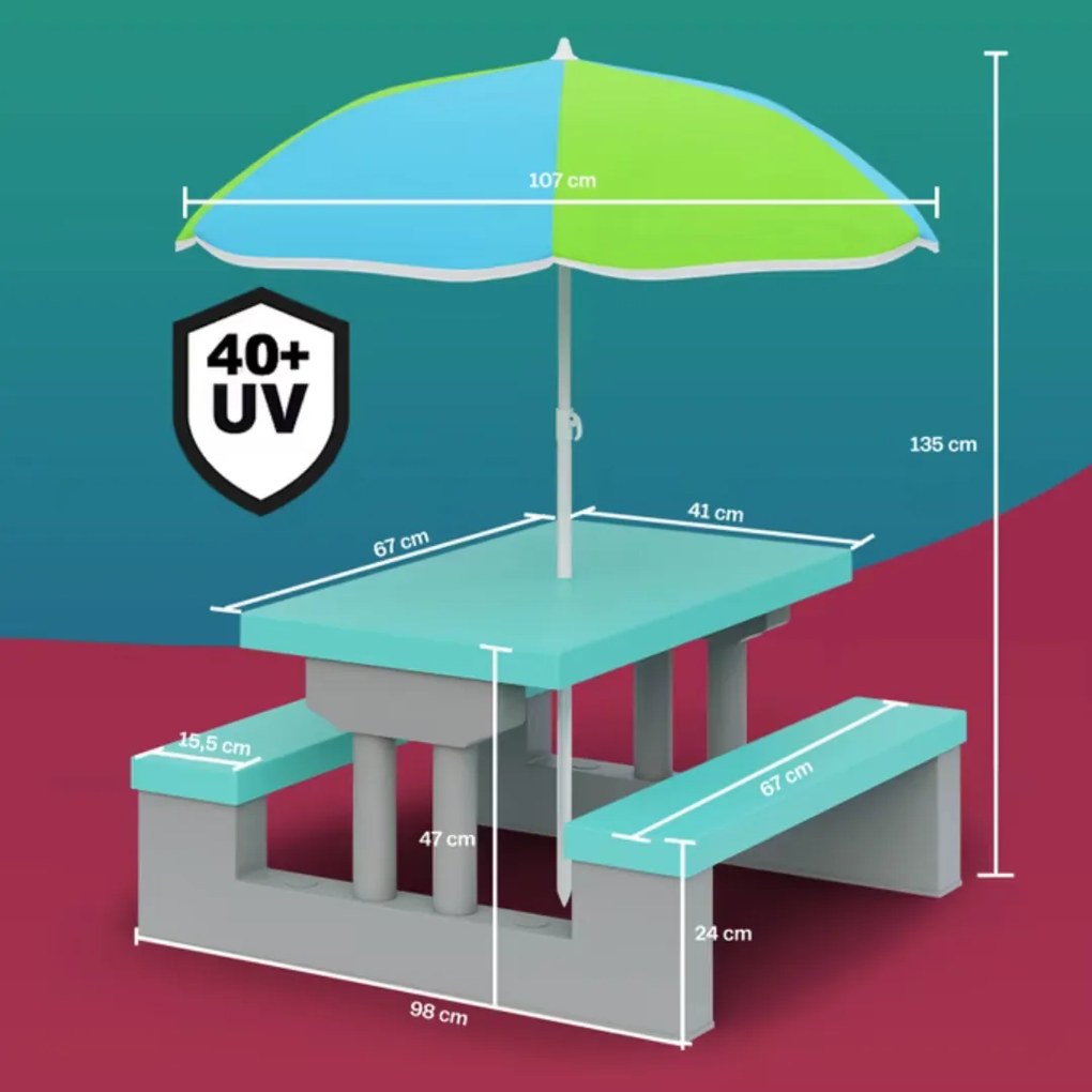 Detská sedacia zostava so slnečníkom JASMIN, 67x78,5x42,5cm, šedá/mätová Spielwerk