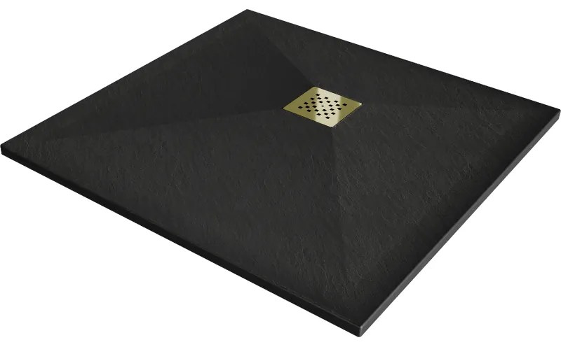 Mexen Stone+, štvorcová vanička z minerálneho kompozitu 100 x 100 cm, čierna, zlatá lesklá krytka, 44701010-G