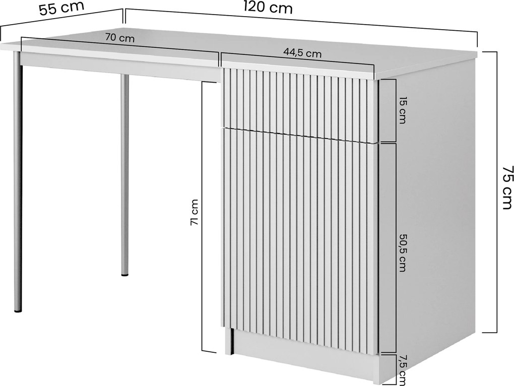 Biely písací stôl Nicole 120 cm s jednými dverami a zásuvkou - biely mat / čierne nohy