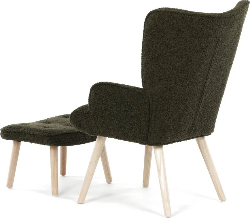 Relaxačné kreslo ušiak ROMEO II + taburet — masívne drevo, látka bouclé, prírodná / zelená