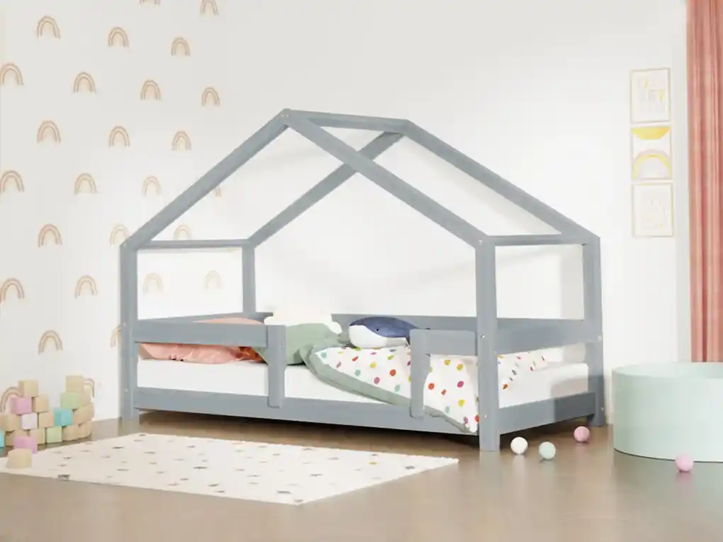 Tmavo sivá detská posteľ domček LUCKY s pevnou bočnicou 90x190 cm | BIANO