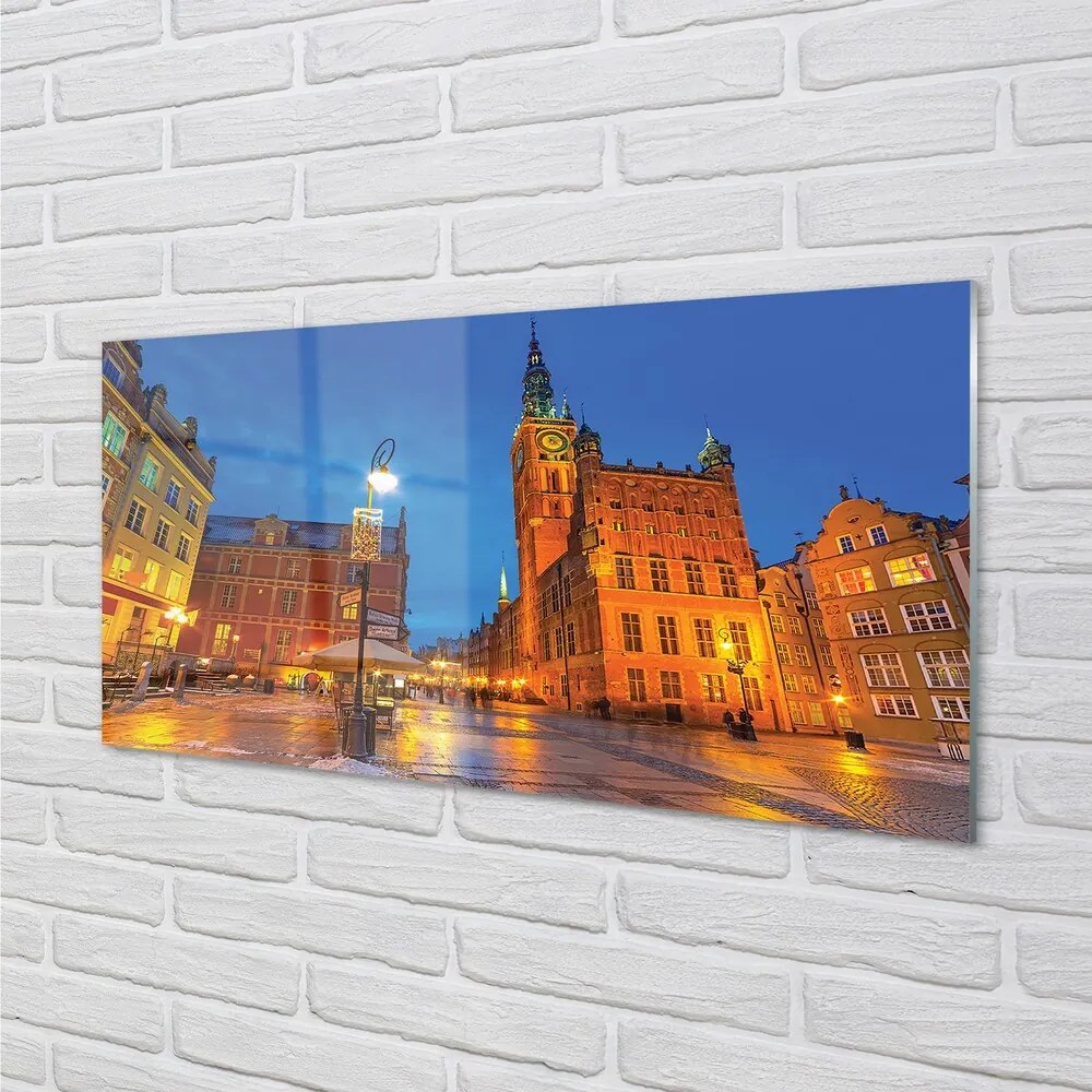Sklenený obraz Gdańsk Staré Mesto v noci kostol 100x50 cm