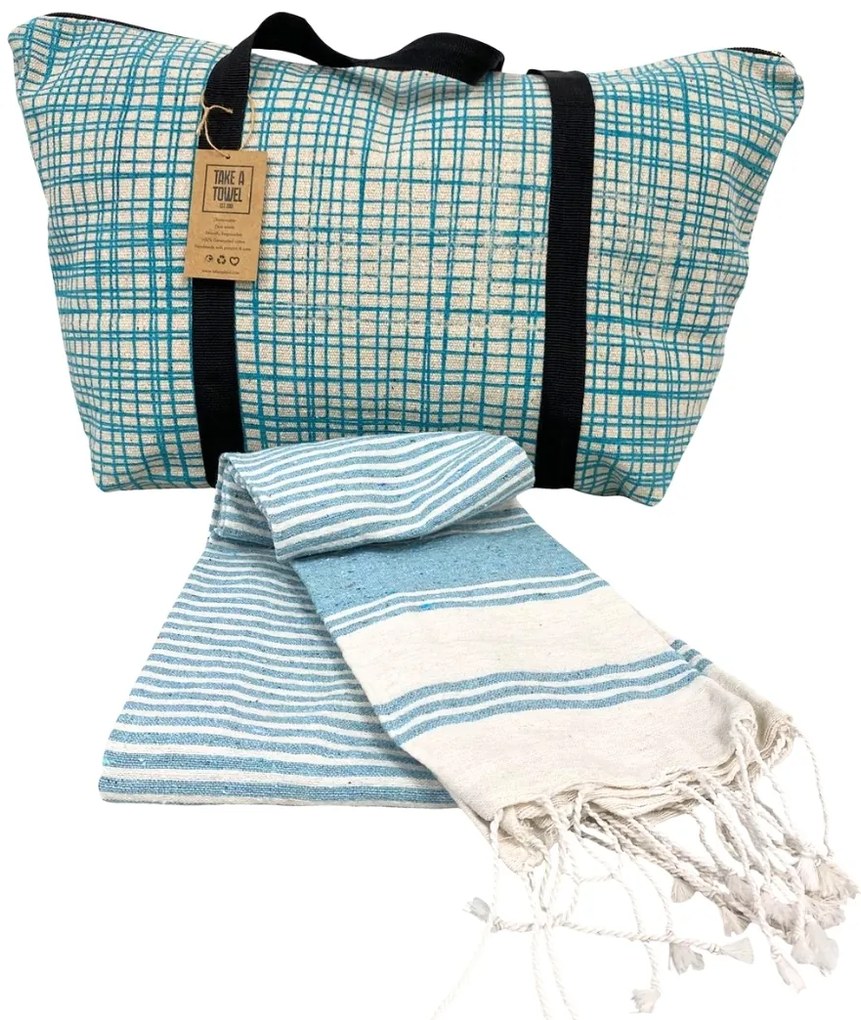 Štýlový set plážovej tašky + osušky HAMAM 75x150 cm, tyrkysový, 100% organická bavlna