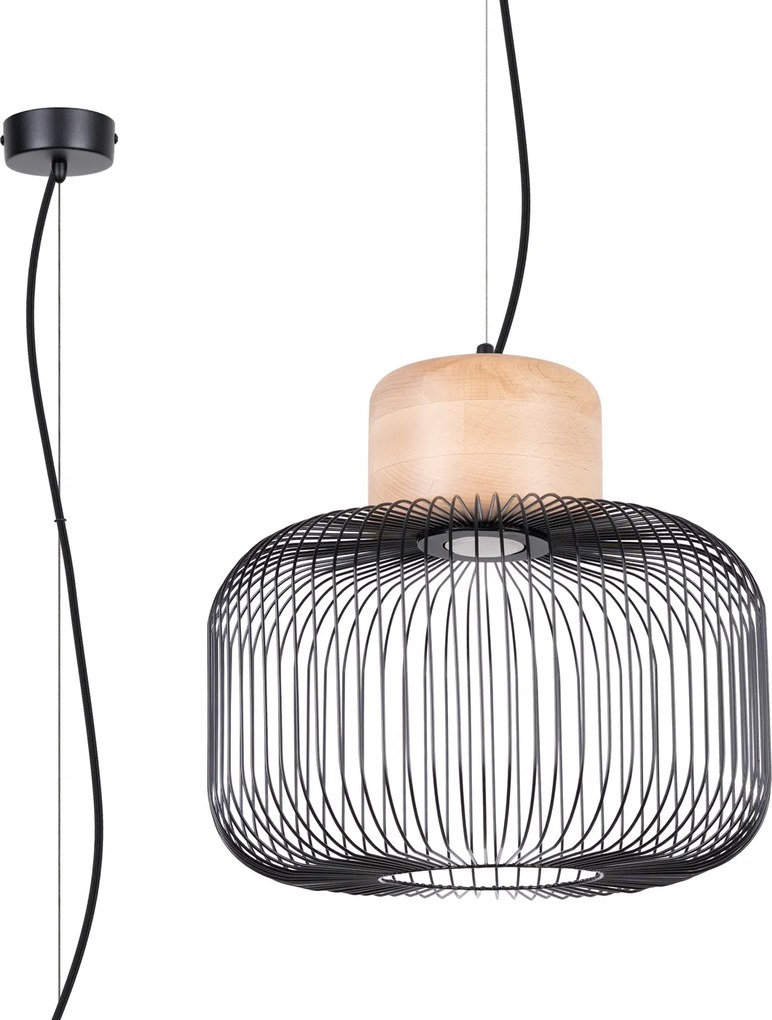 Závesné svietidlo Gabbia, 1x čierne drôtené tienidlo, drevo, (fi 35cm)