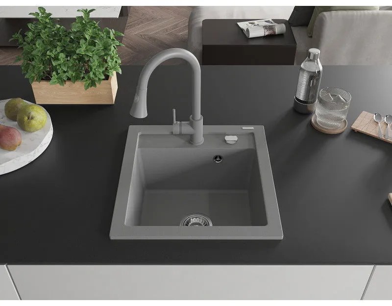 Mexen Vito, 1-komorový granitový drez 490x520x210 mm a drezová batéria Elia, šedá, 6503-71-670101-71