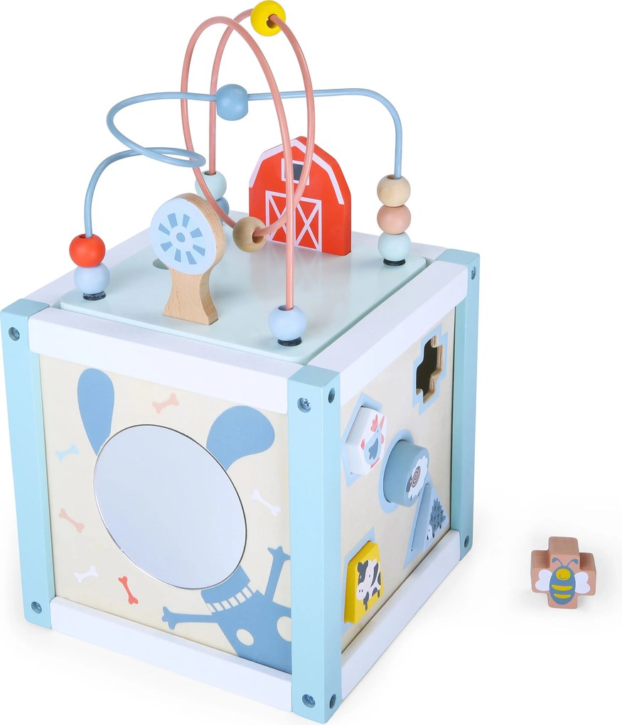ECOTOYS Drevená edukačná kocka ECOTOYS, vzdelávacia hračka s tvarmi, labyrintom a zrkadlom