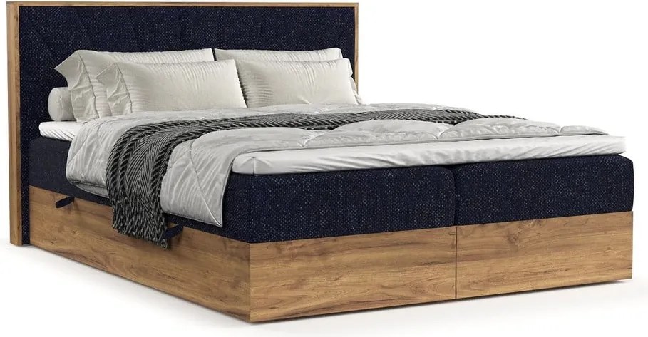 Boxspring posteľ s úložným priestorom v tmavomodro-prírodnej farbe 160x200 cm Asahi – Maison de Rêve