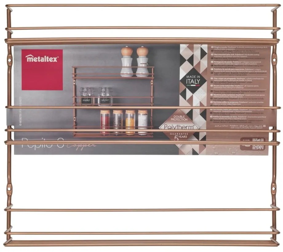 Nástenný regál na koreničky s 3 policami v medenej farbe Metaltex