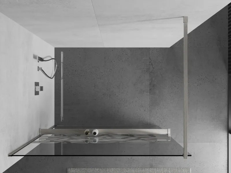 Mexen Kioto+, sprchová zástena Walk-In s poličkou a vešiakom 120 x 200 cm, 8mm číre sklo biely vzor, brúsená oceľ profil, 800-120-121-97-85