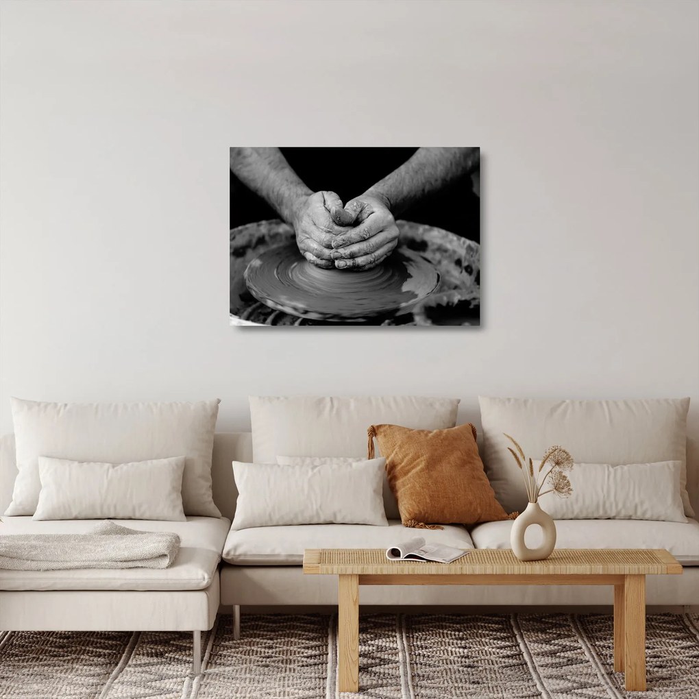 Čiernobiely sklenený obraz - výroba keramiky (70x50 cm)