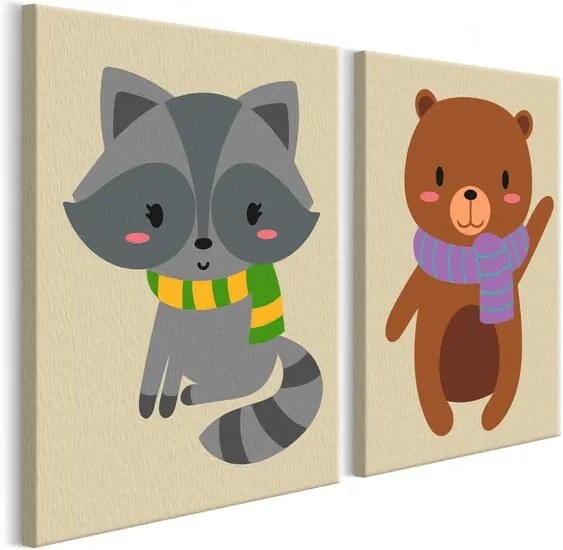 DIY set na tvorbu vlastného dvojdielneho obrazu na plátne Artgeist Raccoon & Bear, 33 × 23 cm