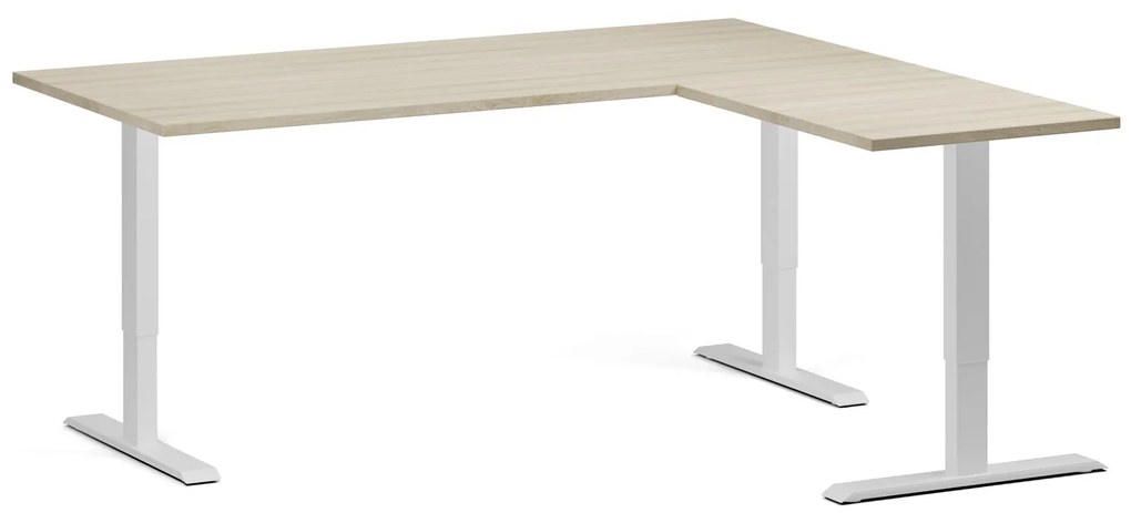 Výškovo nastaviteľný stôl, 180x160 cm, 3 motory, L/P, biela podnož, dub prírodný