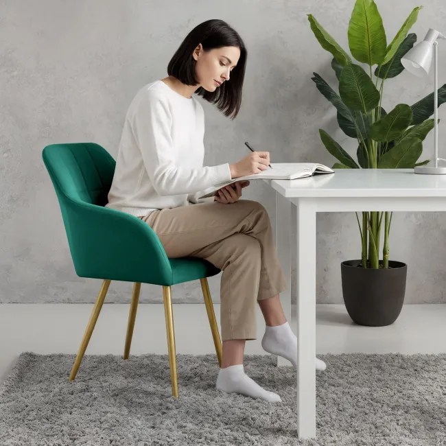 Sada štyroch jedálenských stoličiek LUXANO zamatové, fľaškovo zelené / zlaté nohy (4 ks)