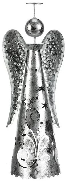 Vianočná kovová dekorácia Anjel na čajovú sviečku, strieborná