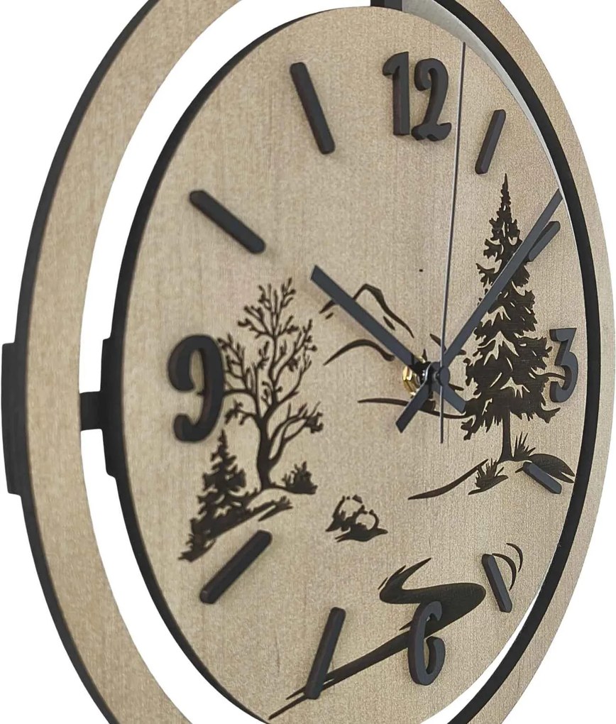 Nástenné hodiny Lesná krajina gravírované | PUPOU: HDF - Javor 30 cm 4795-115320 HDF0607-čiene-ruky