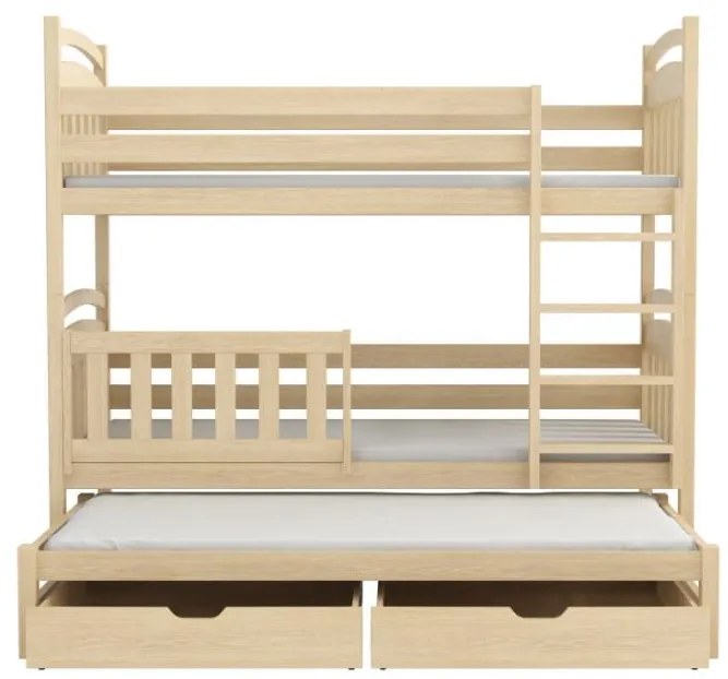 Detská poschodová posteľ z masívu borovice ONDRA s prístelkou a šuplíkmi - 200x90 cm - PRÍRODNÁ BOROVICA