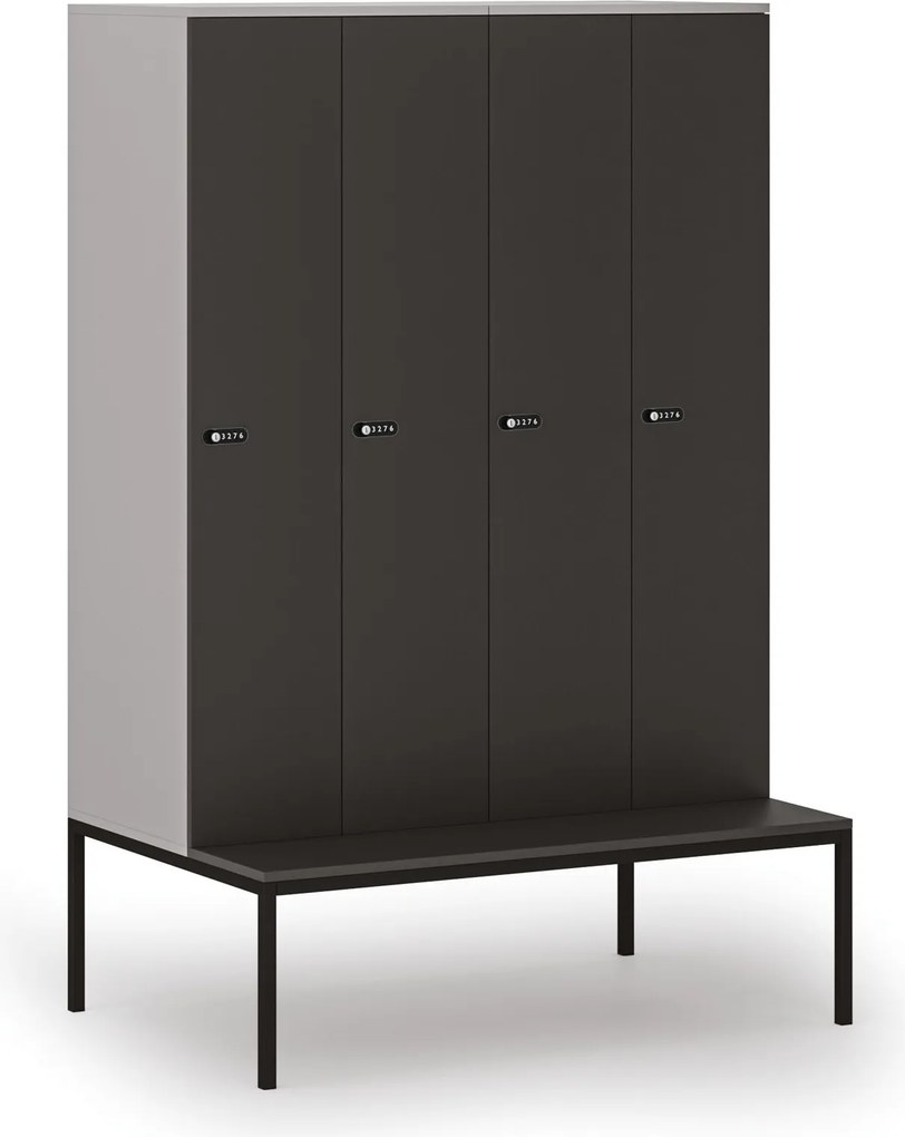 Drevená šatníková skrinka S4 s lavičkou, 4 oddiely, 1871 x 1200 x 500/800 mm, demont, mechanický kódový zámok, sivá/grafit