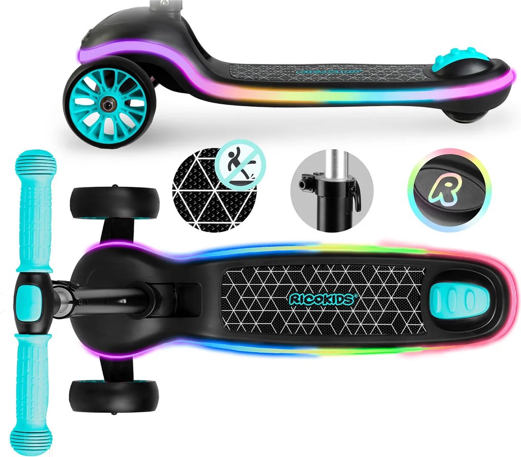 Ricokids Leddi LED balančná Kolobežka pre deti - čierna a tyrkysová