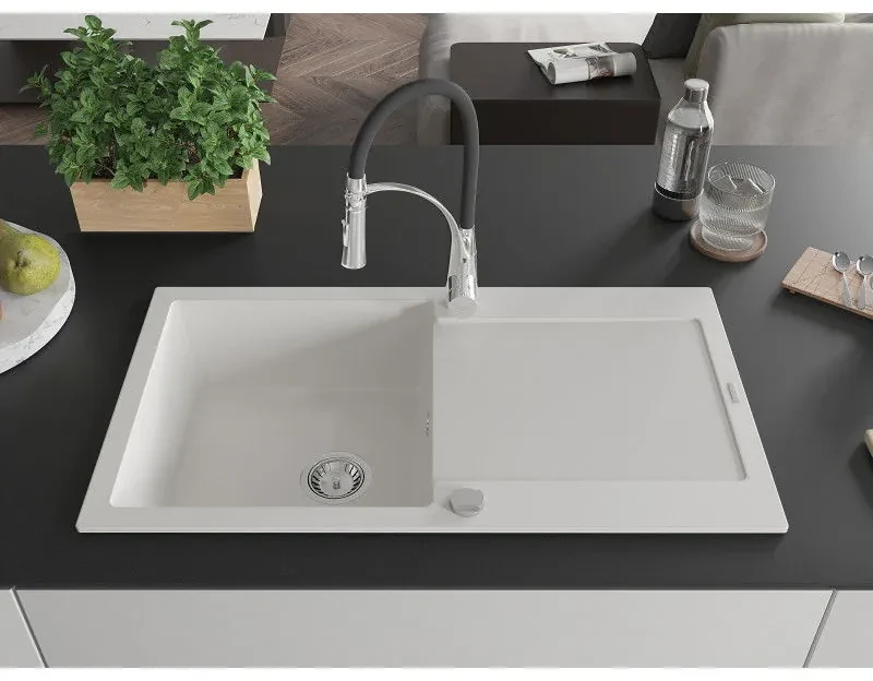 Mexen Leo, granitový drez 900x500x190 mm, 1-komorový a drezová batéria Aster, biela, 6501-20-73450-07