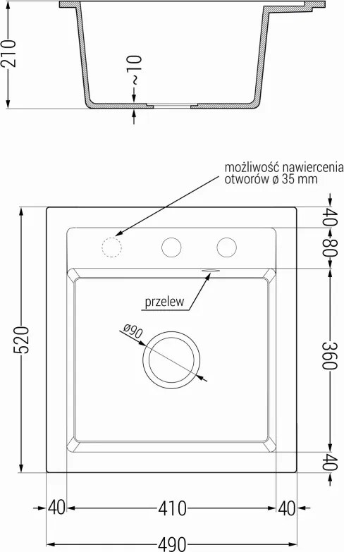 Mexen Vito granitový drez 1-komorový 520 x 490 mm, biely, zlatý sifón - 6503521000-20-G