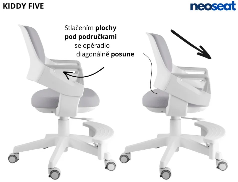 Detská rastúca stolička Neoseat KIDDY FIVE — látka, prateľný poťah, sivá