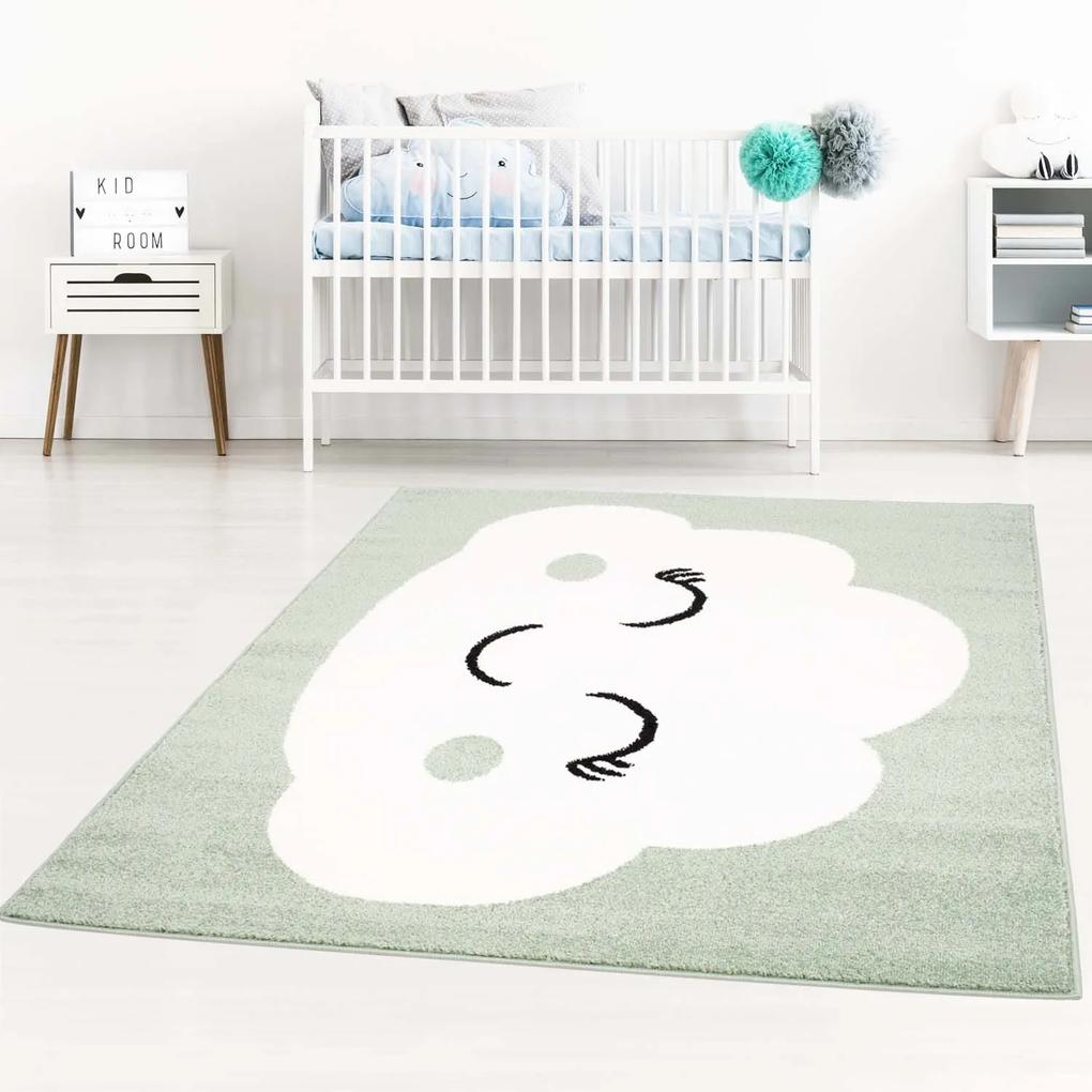 Pastelovo zelený koberec do detskej izby na hranie spiaci mráčik