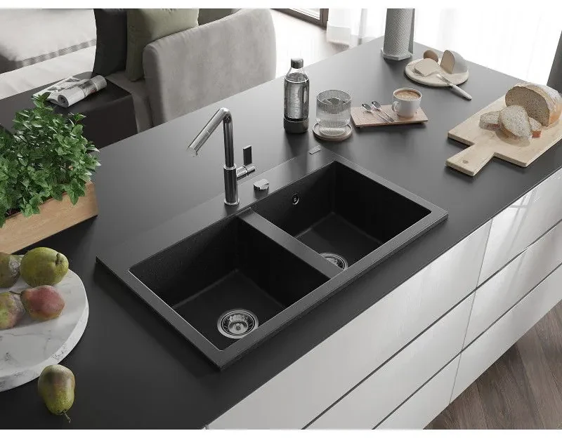 Mexen Hektor, 2-komorový granitový drez 800x480x205 mm, čierna-strieborná metalíza, chrómový sifón, 6521802000-73