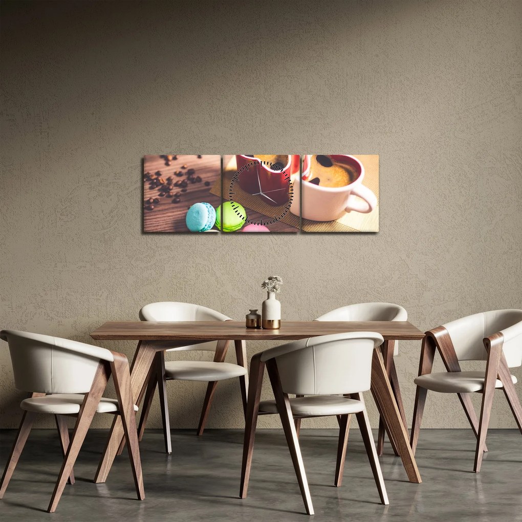 Obraz kávy a makronek (s hodinami) (90x30 cm)