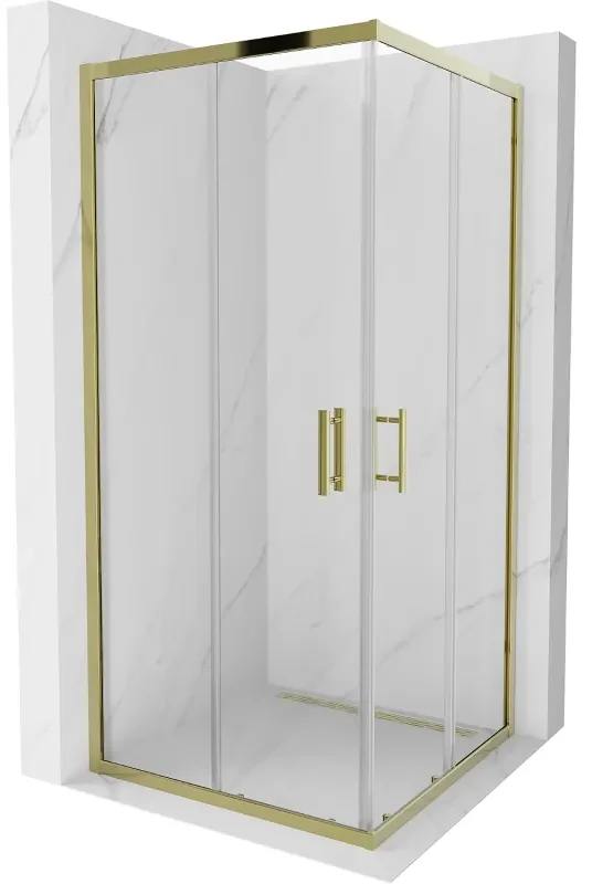 Mexen Rio, štvorcový sprchovací kút s posuvnými dverami 90(dvere) x 90(dvere) x 190 cm, 6mm číre sklo, zlatý profil, 860-090-090-50-00