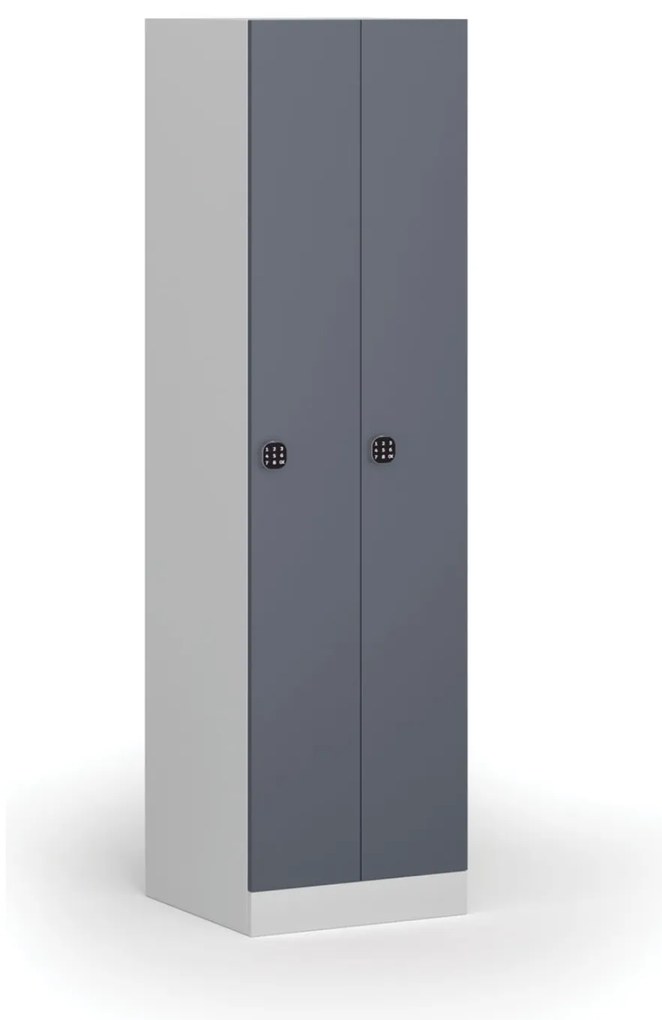 Kovová šatníková skrinka S1 zúžená, 2 oddiely, 1850 x 500 x 500 mm, kódový zámok, tmavosivé dvere