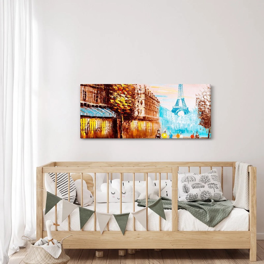 Obraz - Daždivého počasia a Eiffelovej veže (120x50 cm)